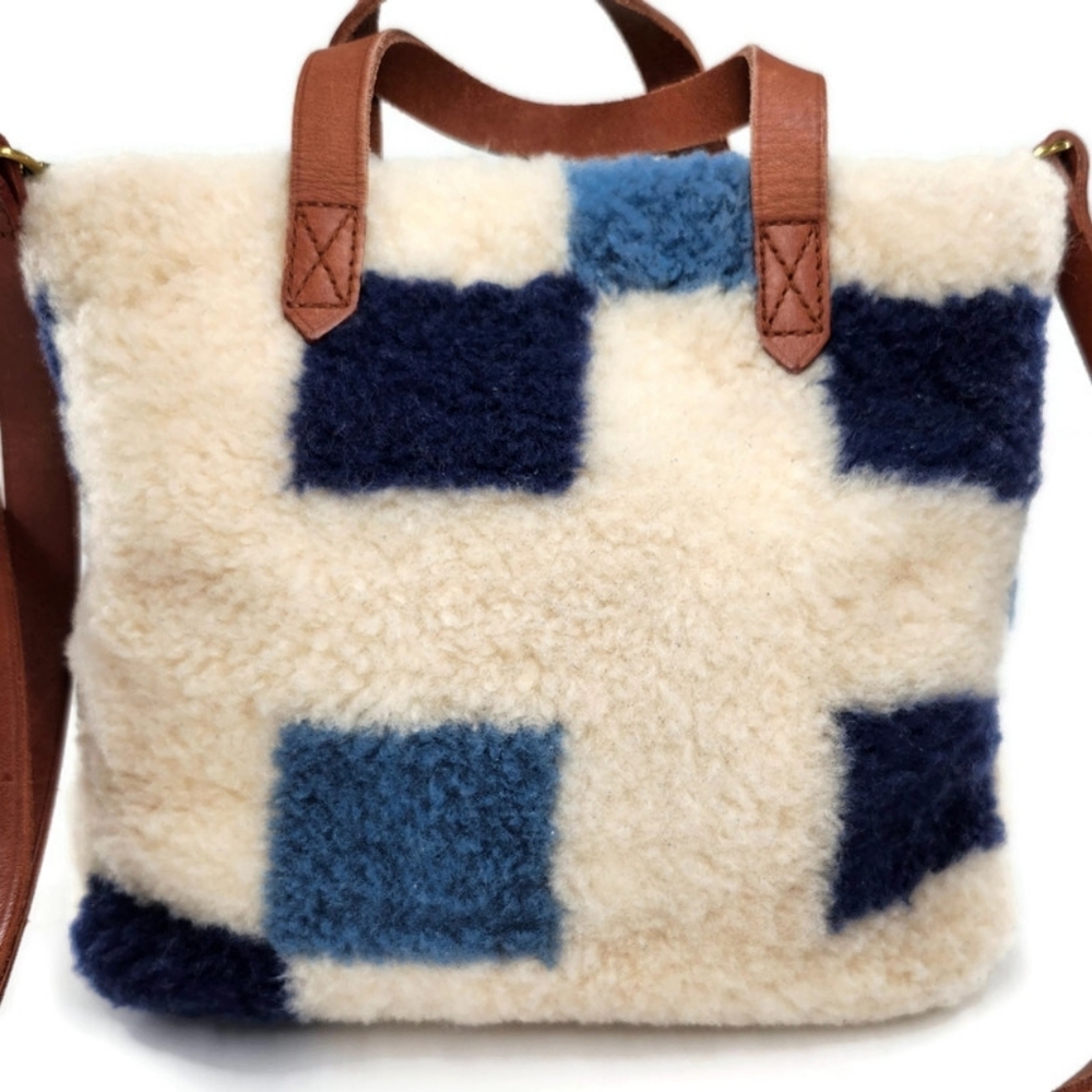 Madewell Transport White & Blue   Checkered Sherpa Small Satchel Crossbody Bag - Picture 4 of 14